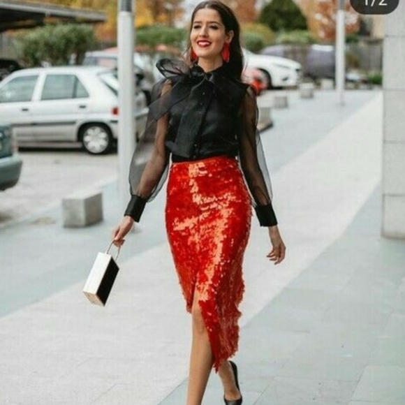 Zara Red Sequin Midi SKirt Size M - Picture 3 of 3
